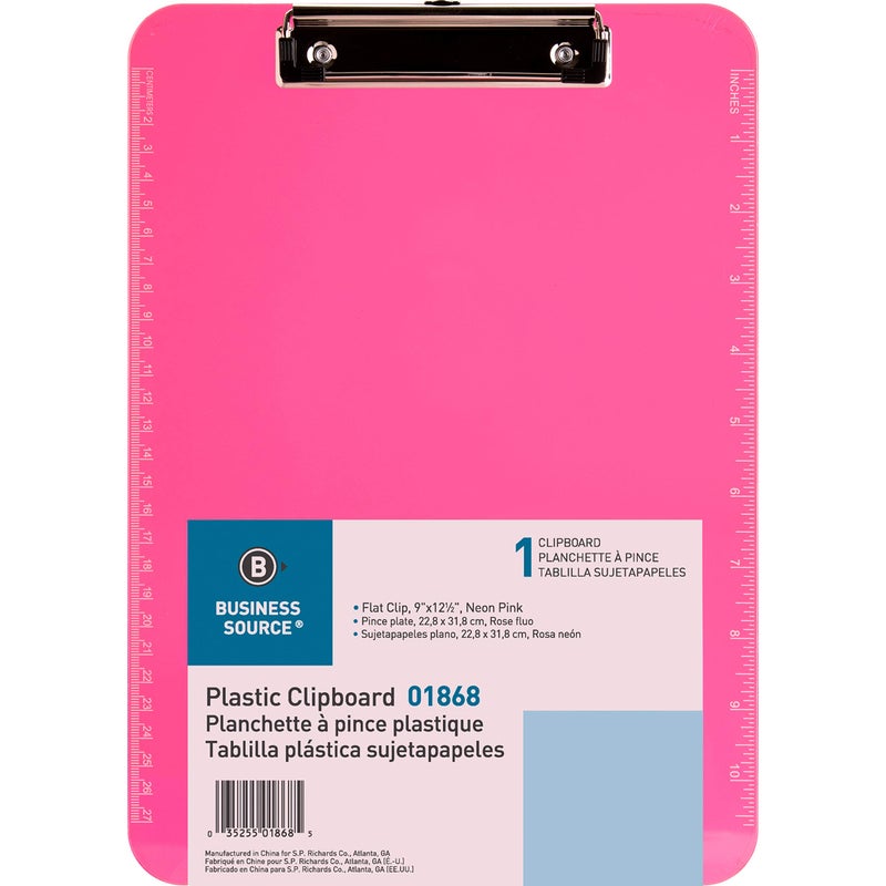 Business Source Neon Pink Transparent Plastic Clipboard, 9" x 12.5" (SPR01868) - Image 1
